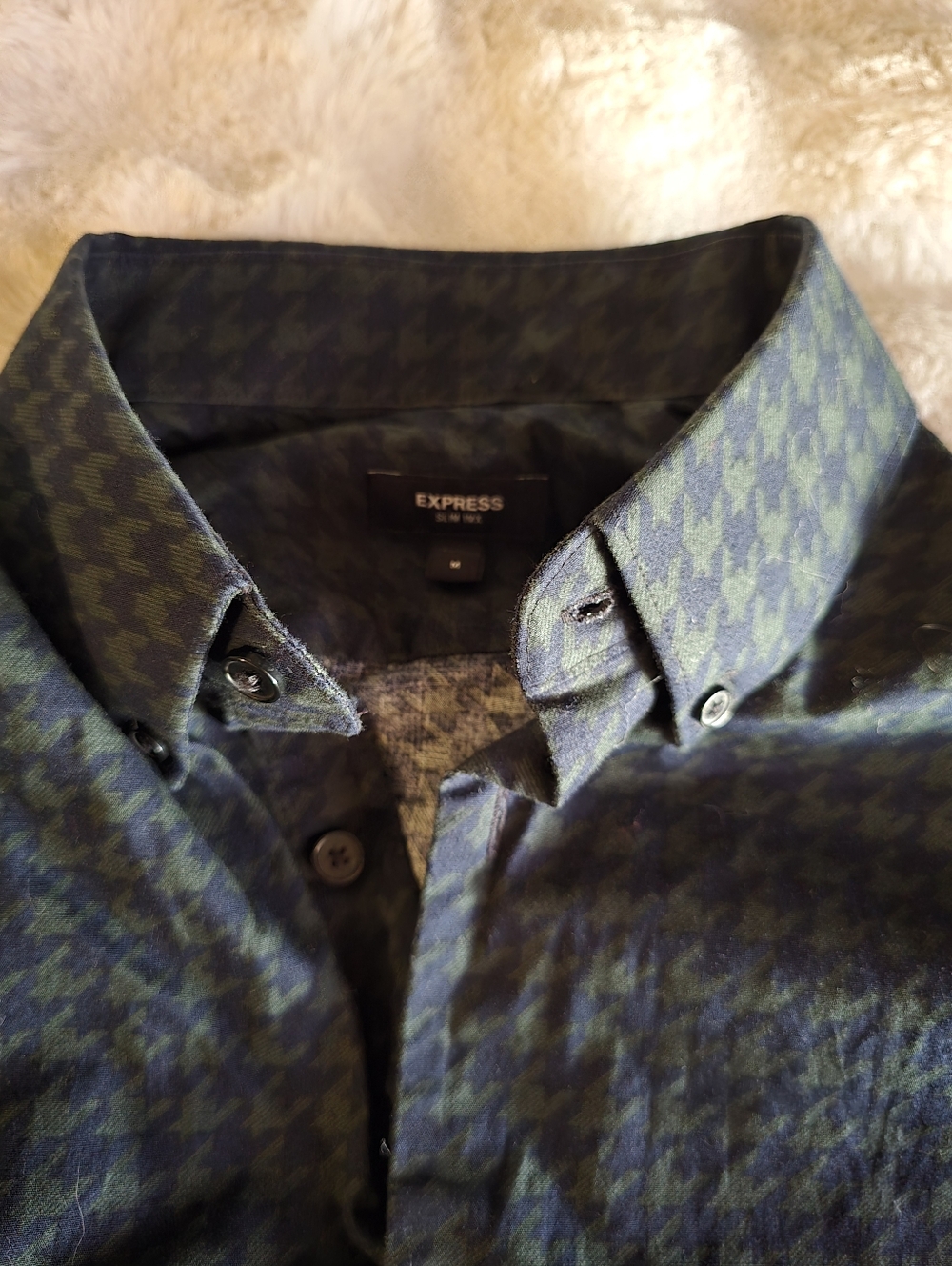 Express Forest Green/Navy Houndstooth Men's Long Sleeve Button Up Slim Shirt